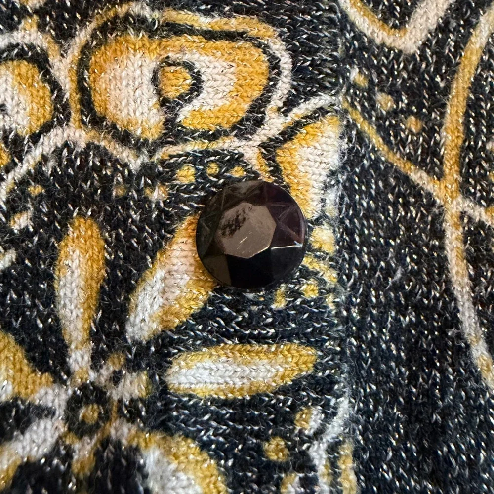 Whimsygoth Womens Metallic Floral Paisley Cardigan Sweater Black Gold Silver‎ L